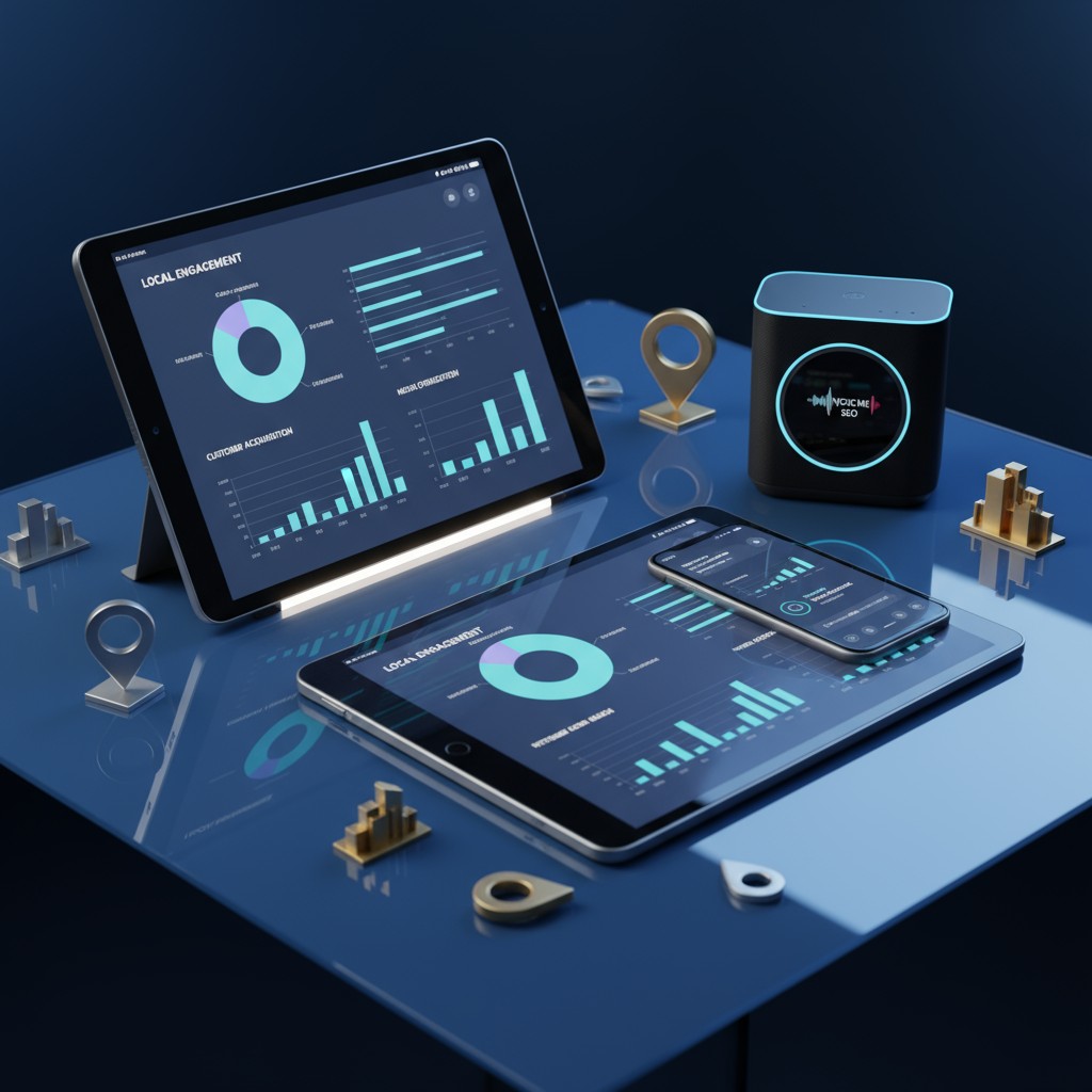 Digital technology and design elements against a dark blue background, highlighting local engagement, customer acquisition...