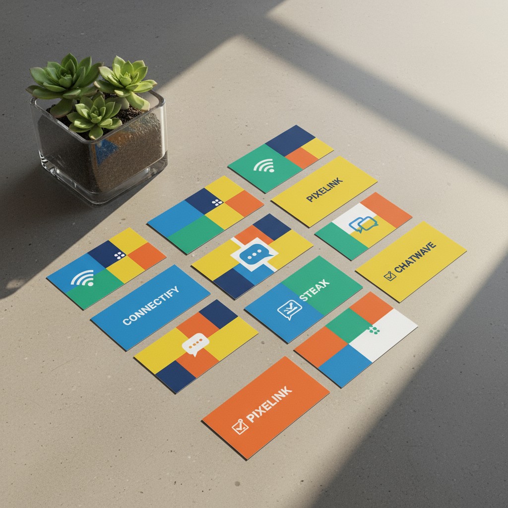 An assortment of colorful cards arranged on a beige surface, grouped and separated according to design style, surrounding ...